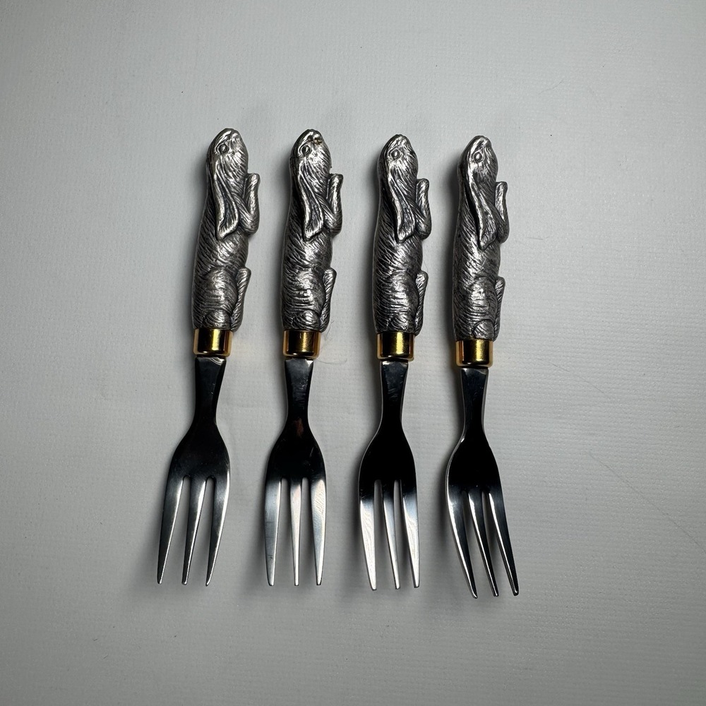 Arthur Court Designs Rabbit Cocktail Fork Set of 4 Silver Stainless Steel Matte